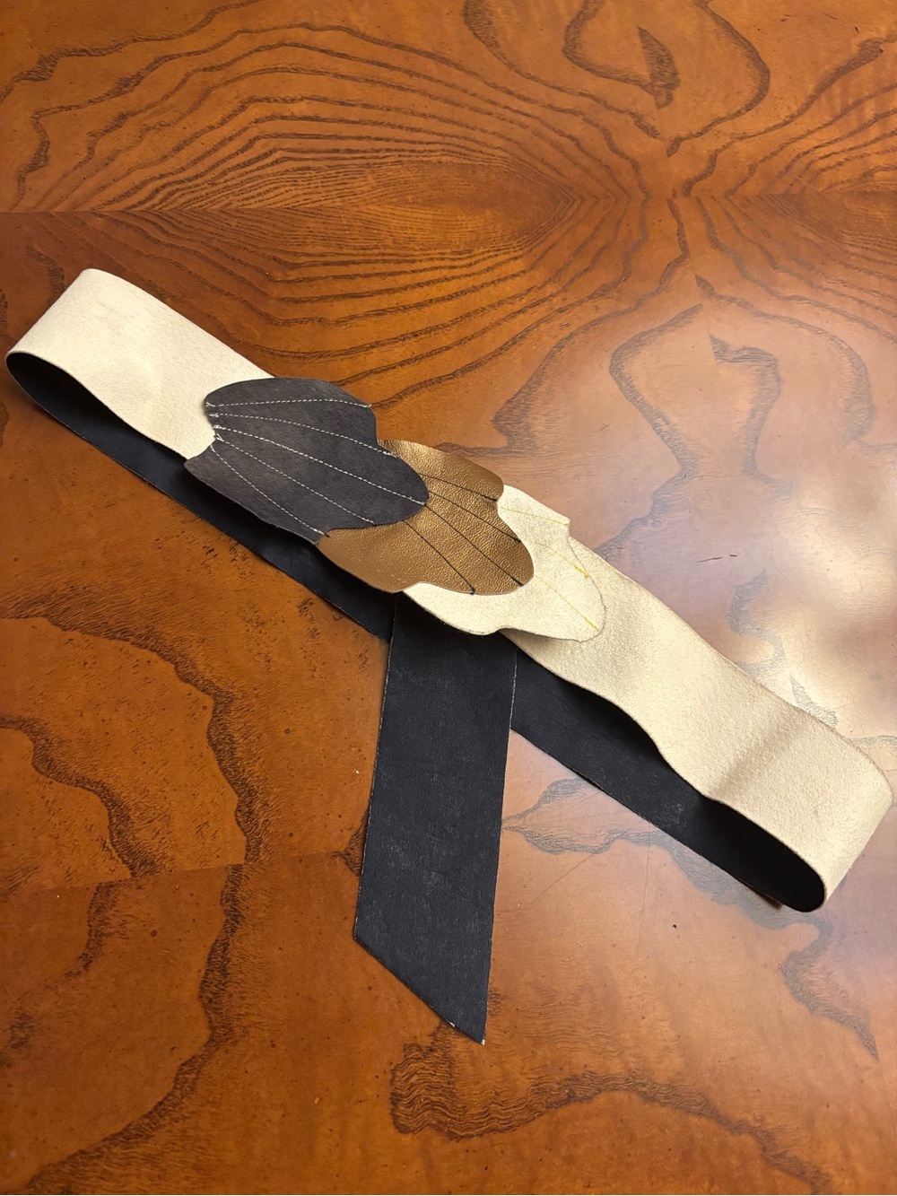 Neutral Leather Waist Belt with Layered Petal Accent
